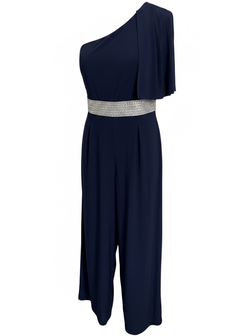 One-Shoulder Navy Jumpsuit with Silver Waistband formal wedding guest plus size